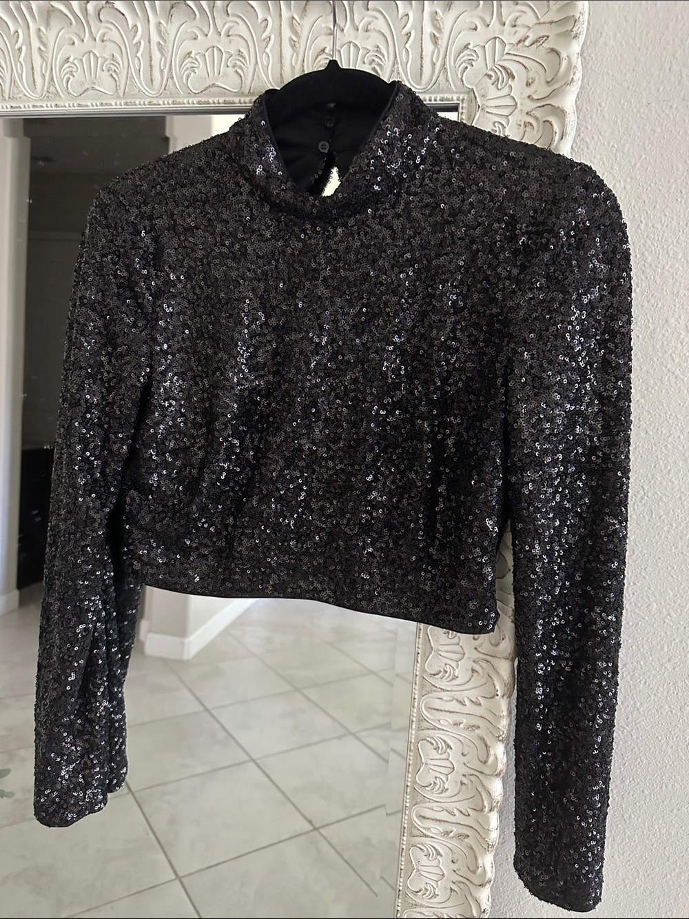 Frame Black Sequin Long-Sleeve Crop Top